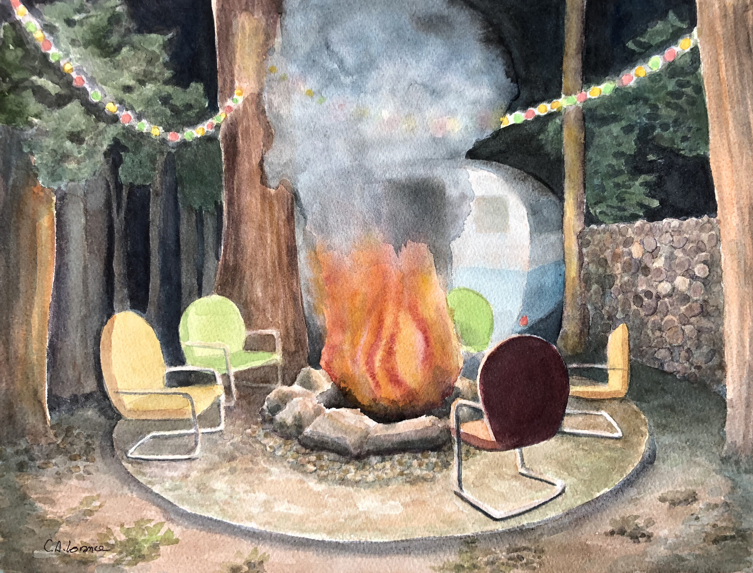 Backyard Fire Pit, watercolor, 12" x 16", 2019, SOLD