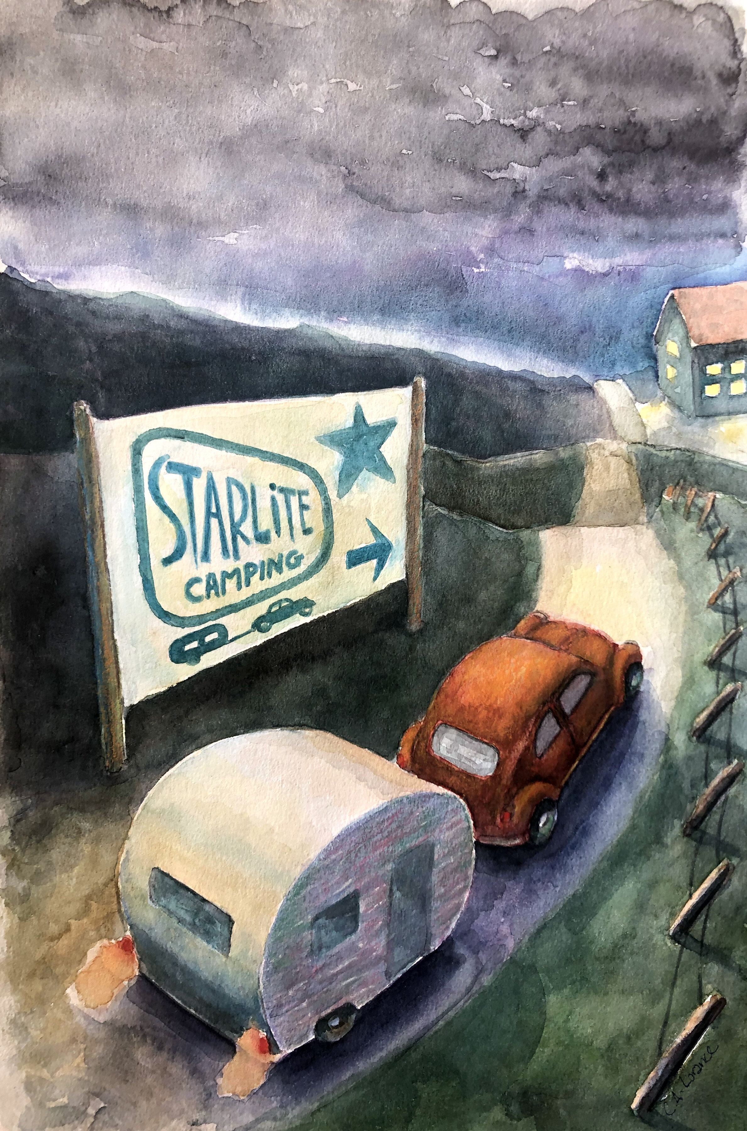Starlite Camping, watercolor, 18" x 12", SOLD