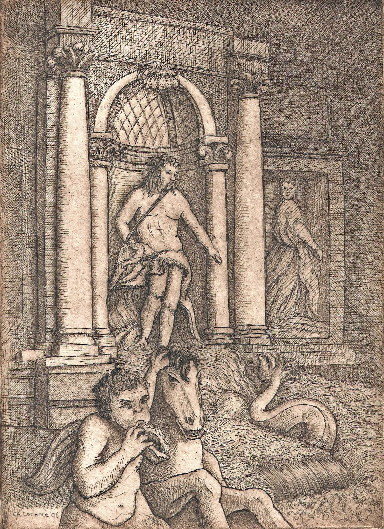 Trevi Fountain, etching, 7" x 5", edition of 25