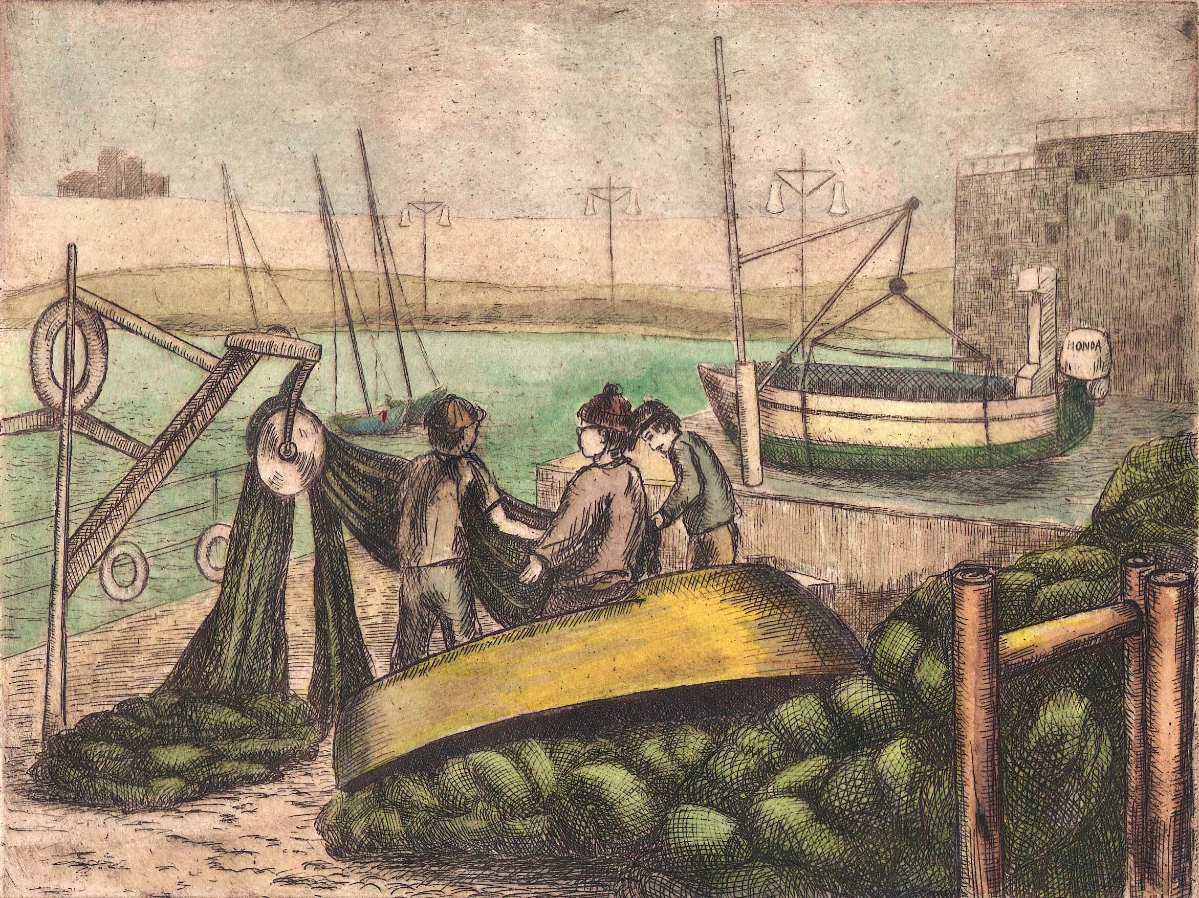 Fishermen in Akko, hand-tinted etching, 6" x 8", unique