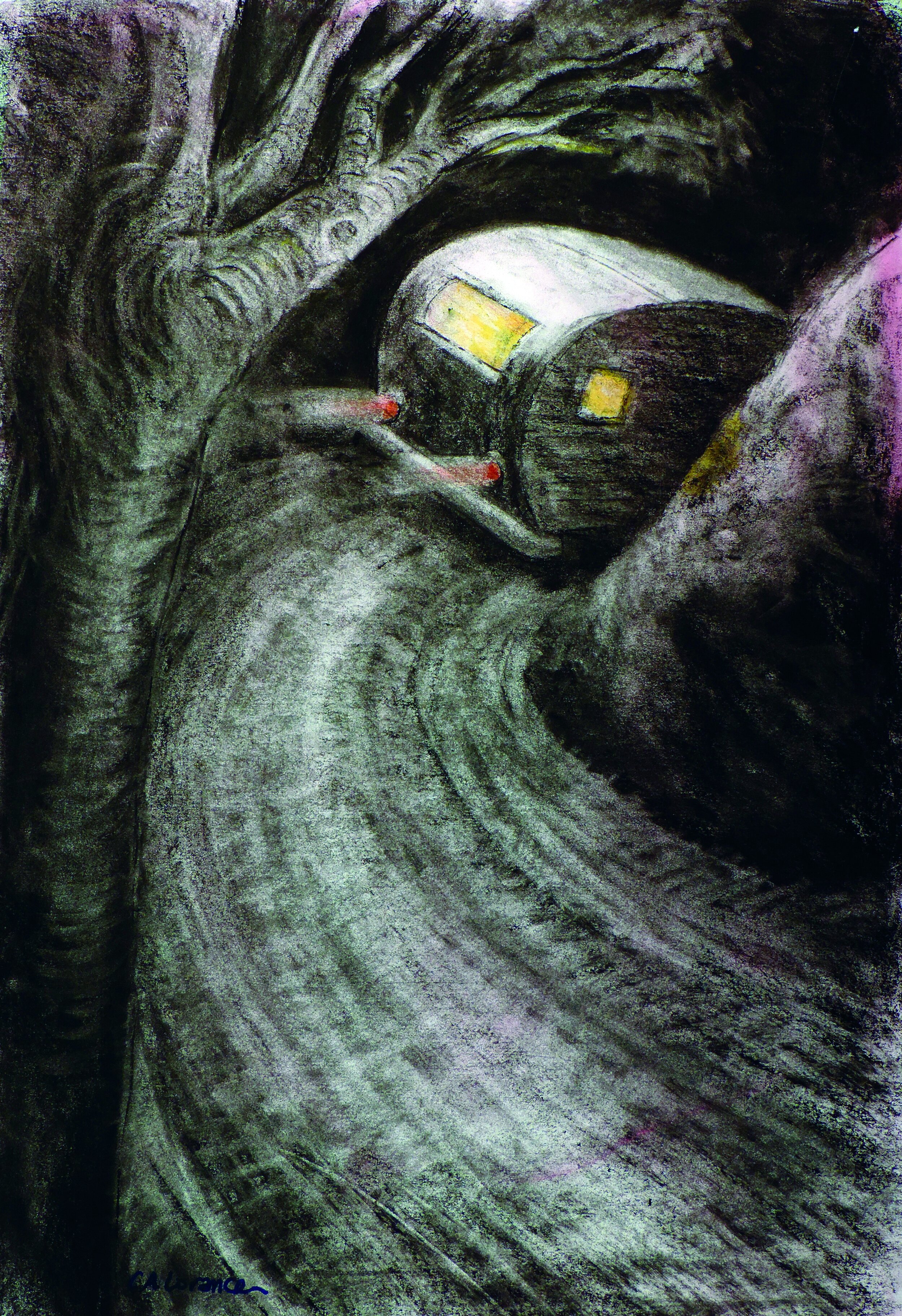 Around the Bend, watercolor/charcoal, 20.5" x 14.5", 2019, SOLD