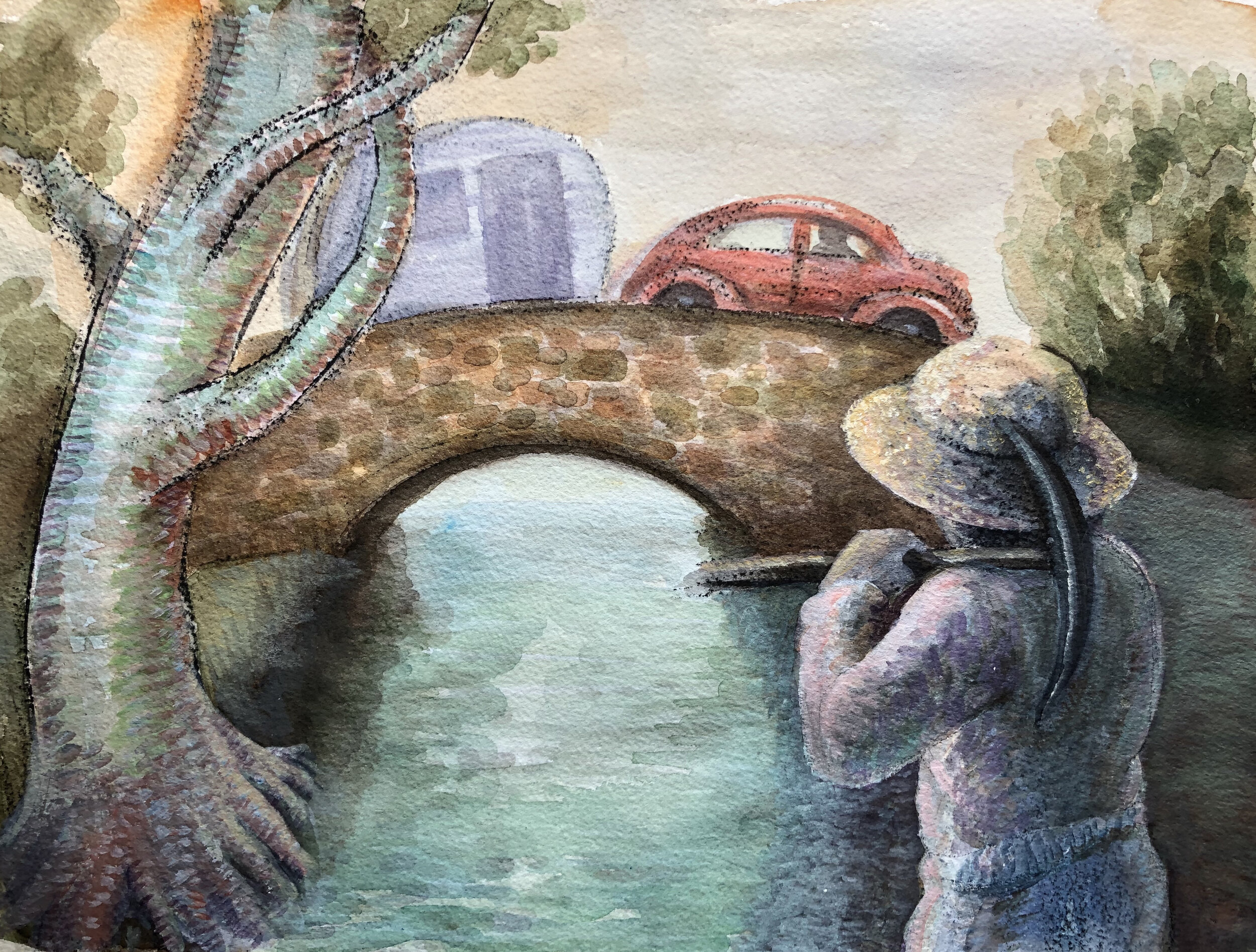 The Farmer and the Bridge, watercolor/charcoal, 12" x 16", 2019, SOLD