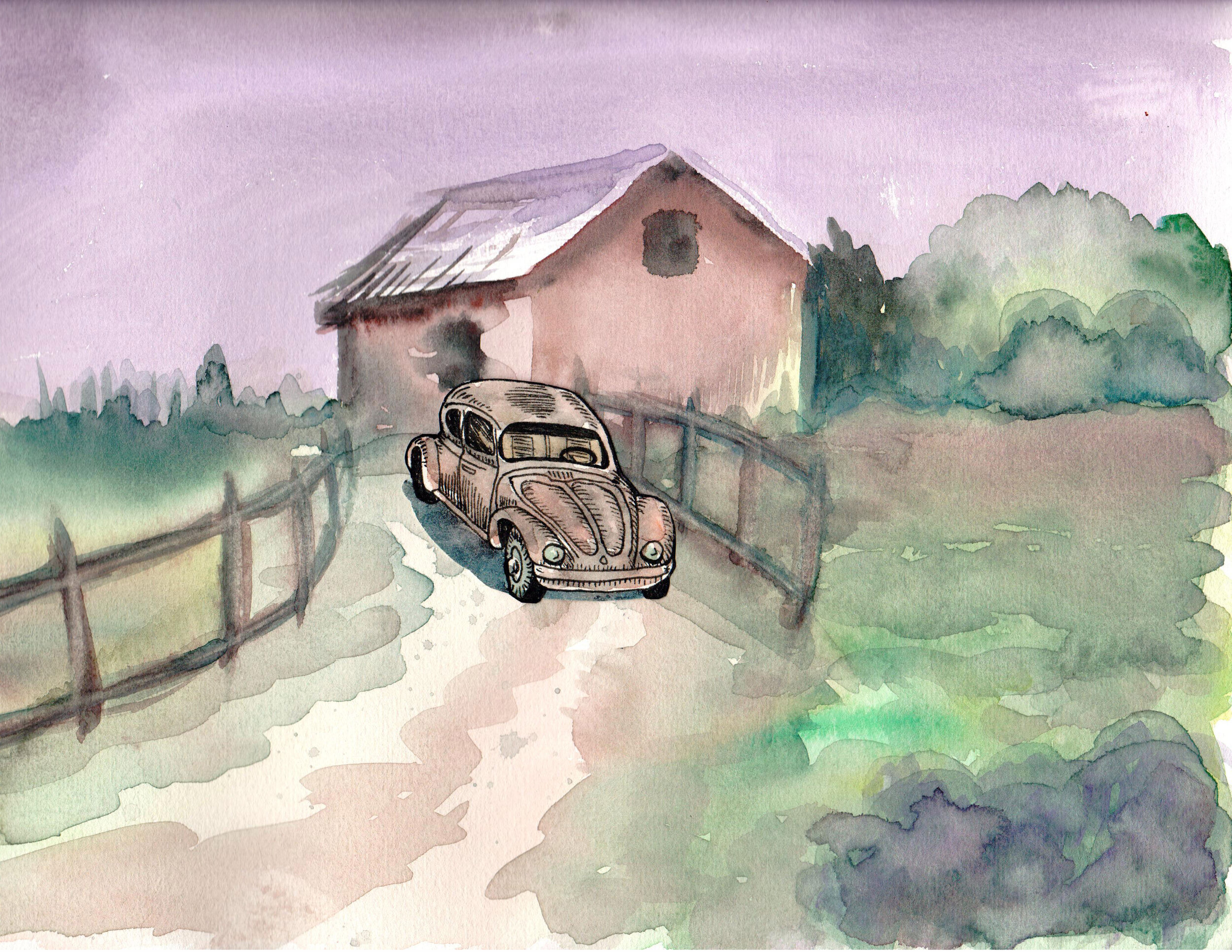 Purple Skies, watercolor/ink collage, 9" x 12", 2019