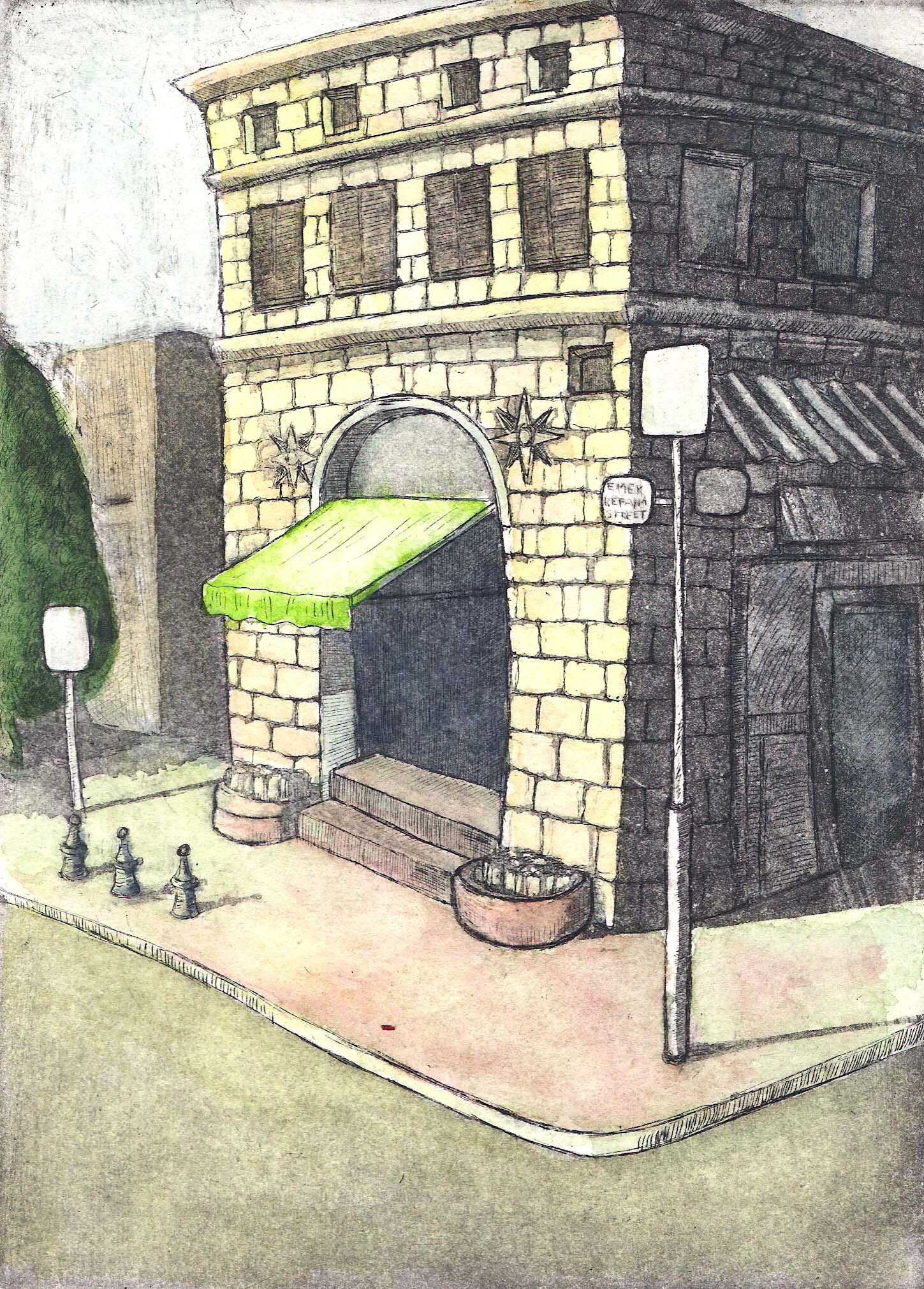 Corner in Jerusalem, hand-tinted etching, 8" x 5", unique