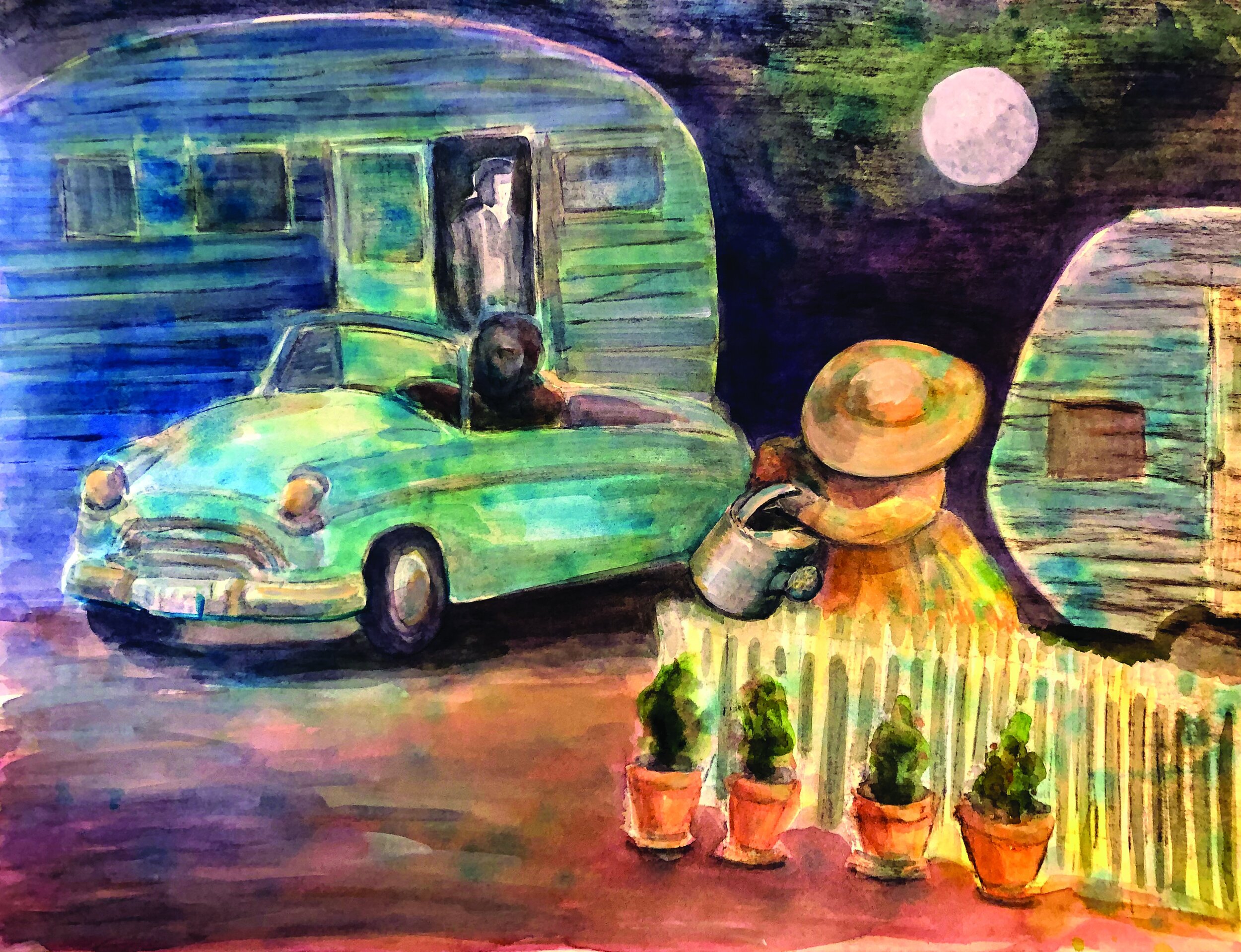 Moon Garden, watercolor, charcoal, 18" x 24", 2019