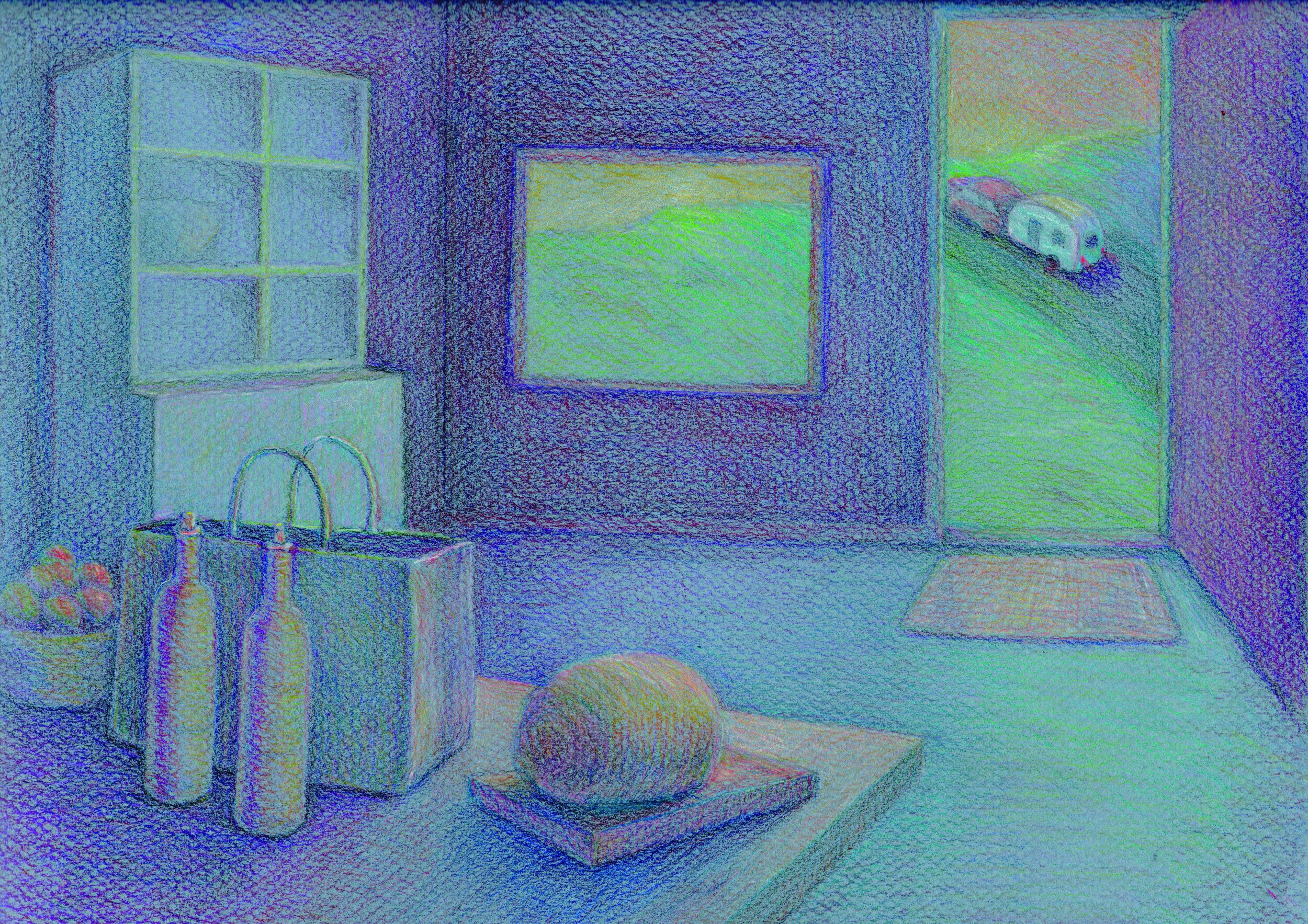 Departure, colored pencil on toned paper, 9" x 12", 2019, SOLD