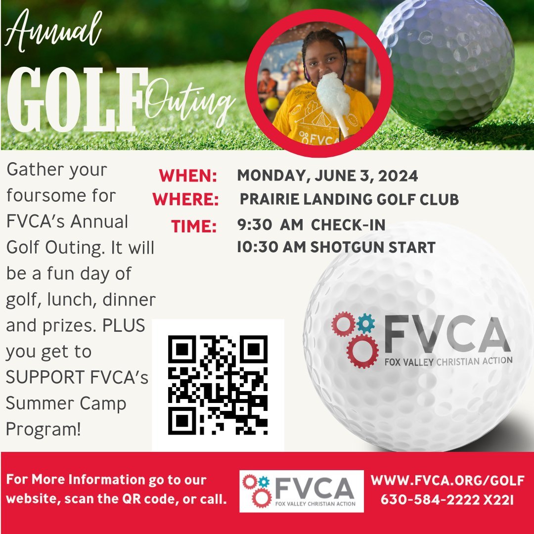 Our Annual Golf Outing is THREE WEEKS AWAY! 
Enjoy an incredible day of golf, lunch, dinner and prizes, all while supporting FVCA&rsquo;s FREE summer camp program for the under-resourced youth of the Fox River Valley. 

For more information scan the 
