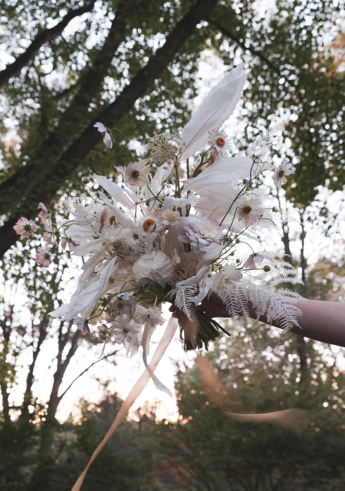 dried ferns, dried straw flowers, apricot cosmos, butterfly ranunculus