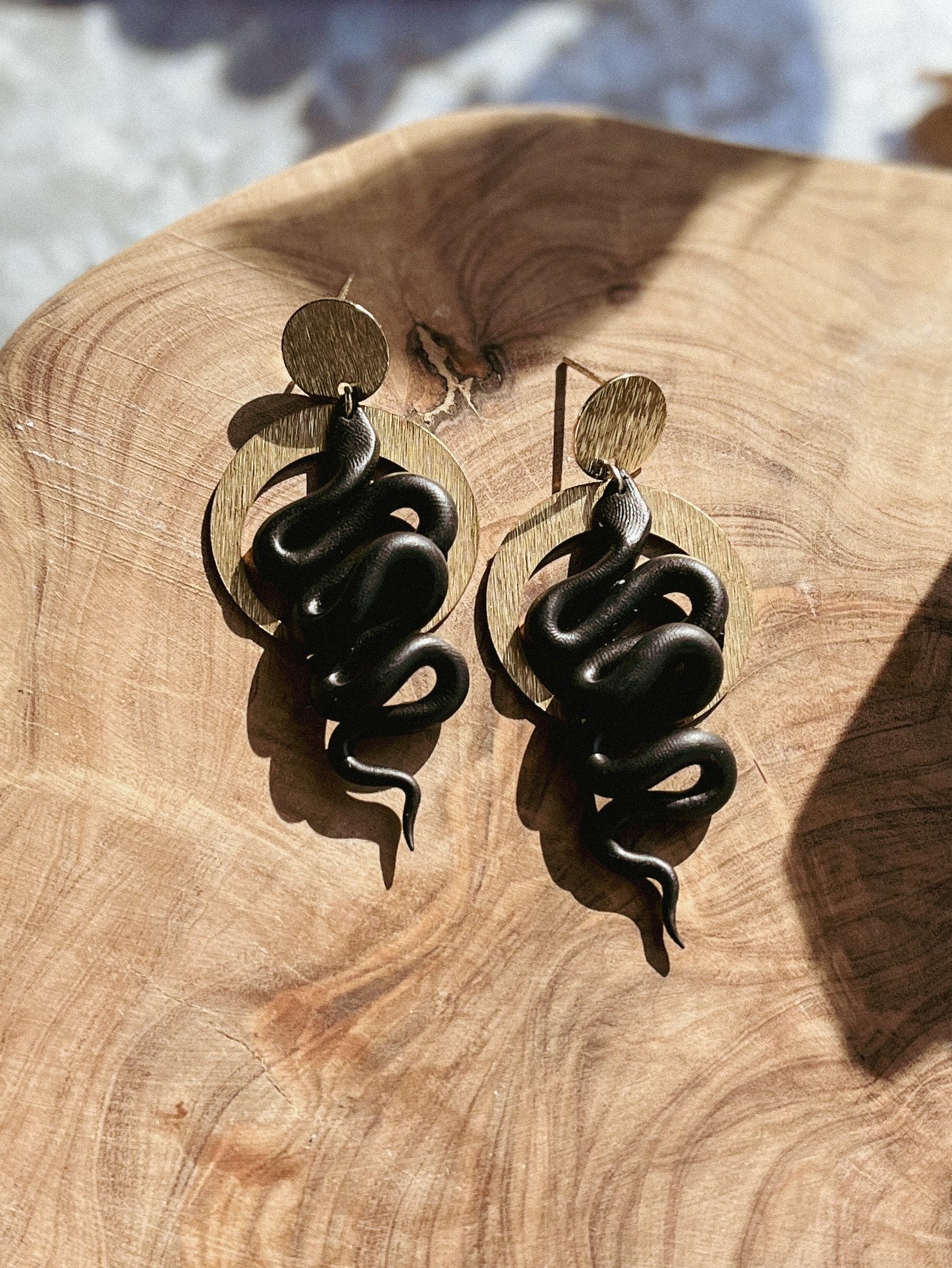 Snake Earrings with Bronze Moon Accent
