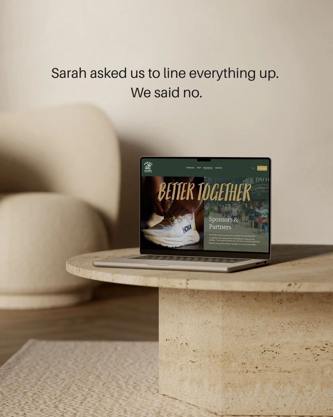 River Rats Run Club went live a couple of weeks ago. In the last round of feedback Sarah asked if we could stop the text overlapping the photo. Straighten it. Line it up.

Her words after we pushed back: "my OCD makes me want to push it."

