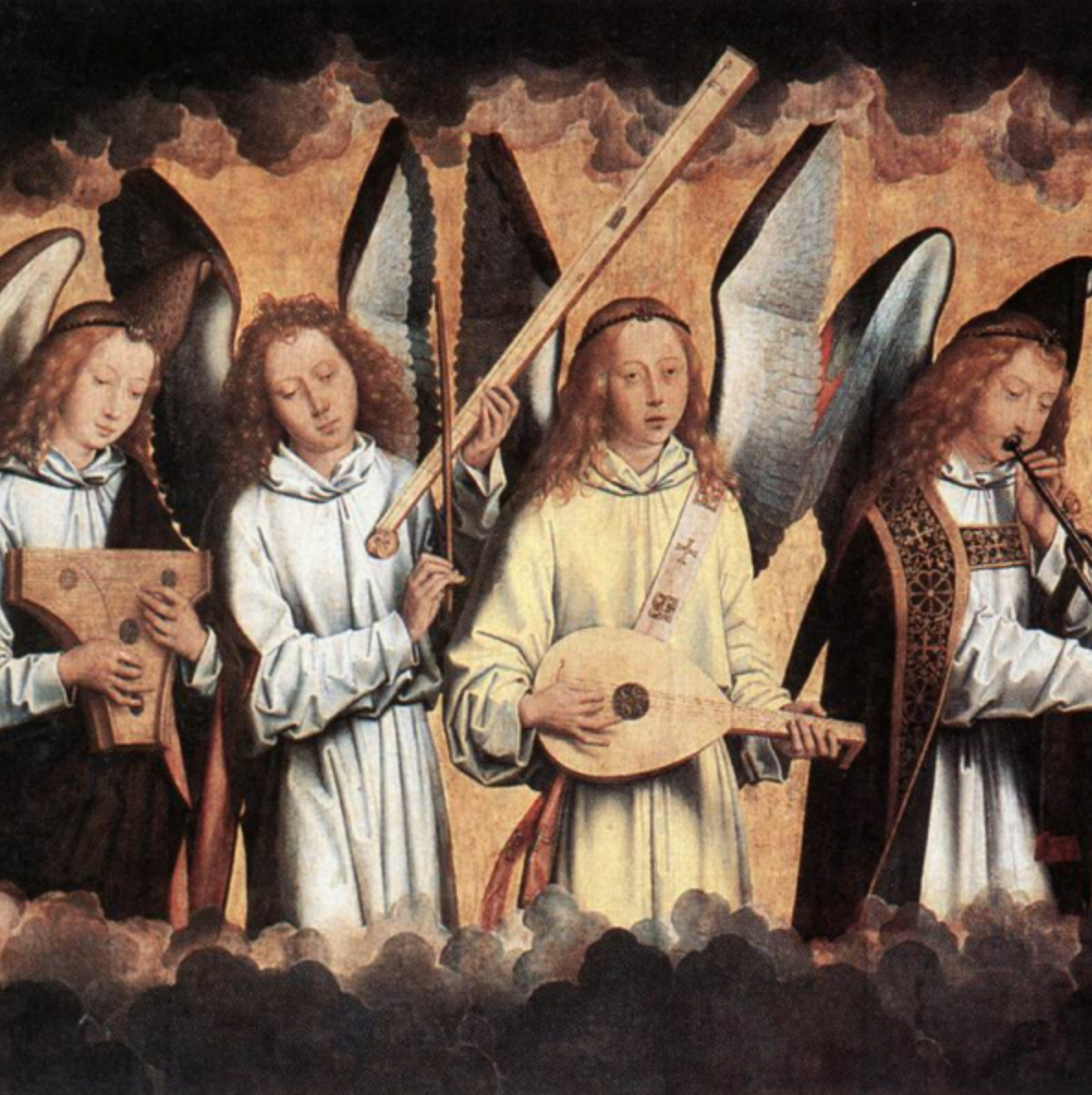 A religious painting depicting four angelic figures with wings, holding musical instruments, which represent a course in the Quadrivium.