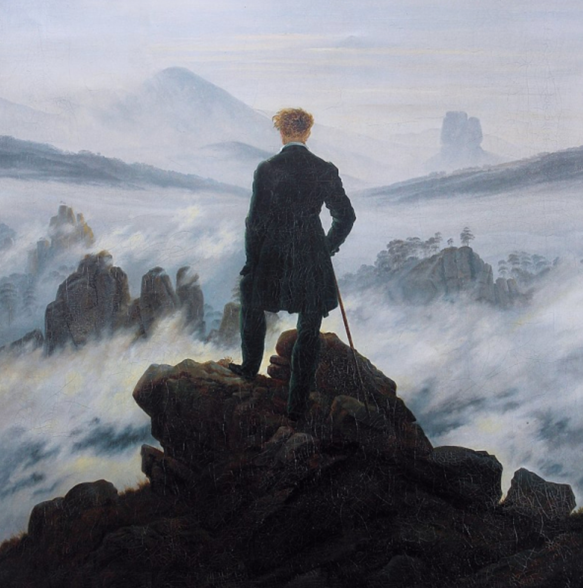 A picture of a man standing looking into a valley, representing part of a liberal arts course.