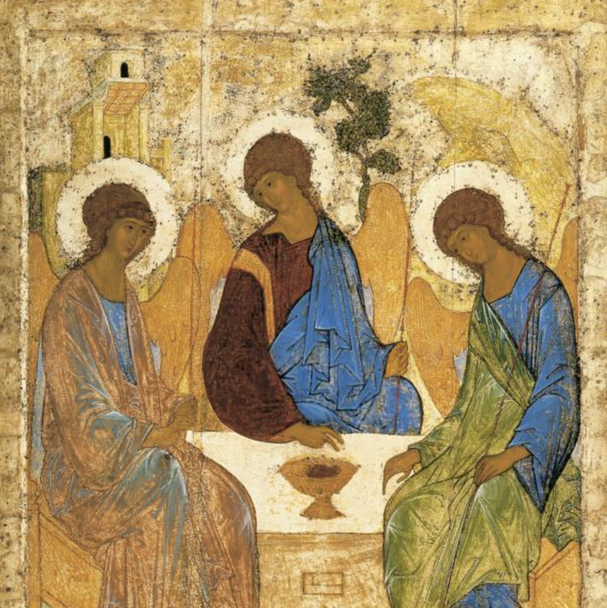 An ancient religious painting depicting three haloed figures seated around a table, representing as course in the liberal arts.