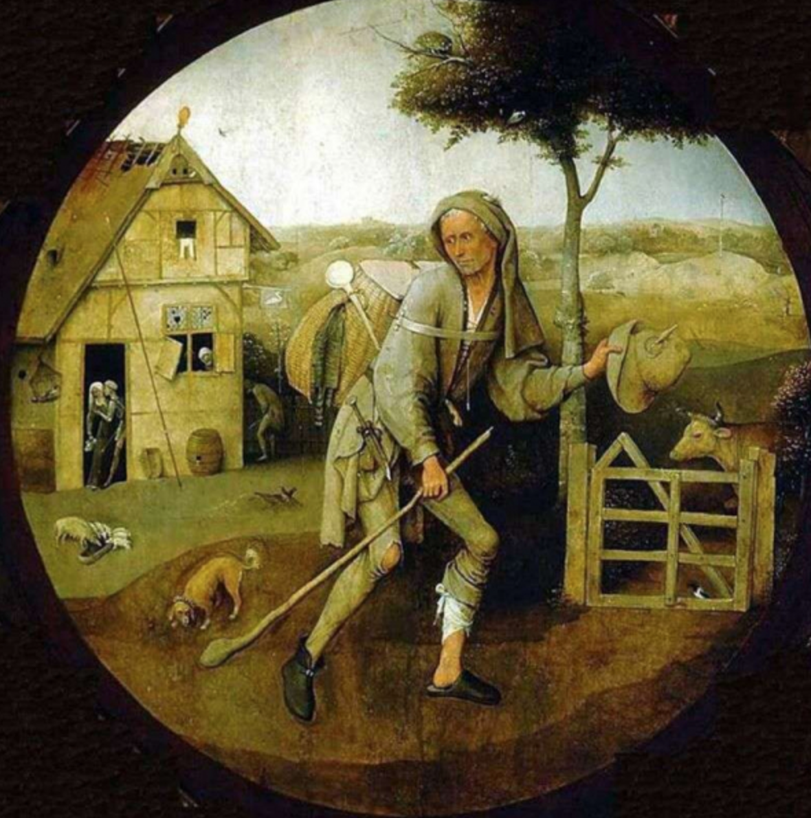 A painting of a farmer in traditional clothing with a hat and backpack, holding a stick and petting a cow, in front of a yellow barn and rural landscape with animals and trees.