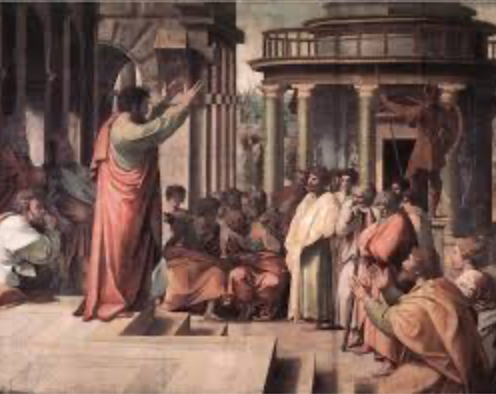 A classical painting depicting a group of people gathered outdoors, representing a course in the Trivium.