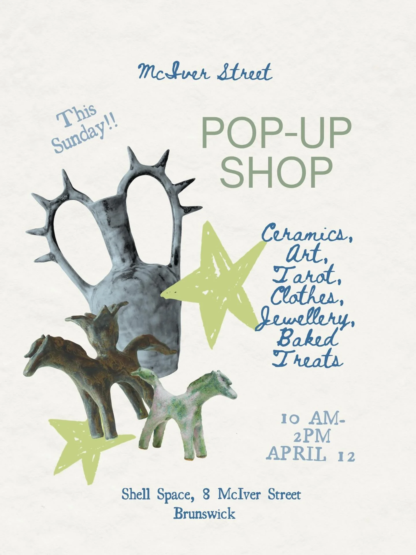🌞 This Sunday!! 🌞 

We&rsquo;re back again, McIver Street Pop-Up is happening this Sunday at @shellspace__ 💕

Come and have a peek at all the new pieces I have made 💕

Ceramics, Art, Tarot &amp; more! 

@chqso 
@alkamipoise 
@jaz_rhodes 
@bodywor