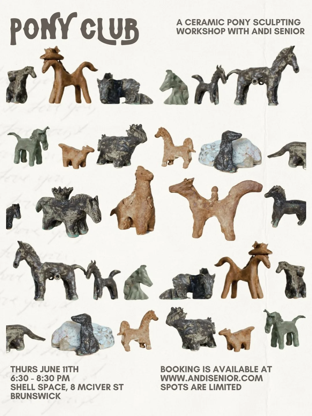 ⭐️ It&rsquo;s Pony Club time and you&rsquo;re invited! ⭐️

Come for a cosy evening of spritz, snacks, community and playing with clay!
You&rsquo;ll make two horse sculptures that will be glazed and fired for you. 

Thurs June 11th 6:30 - 8:30 
🐎🐎 G