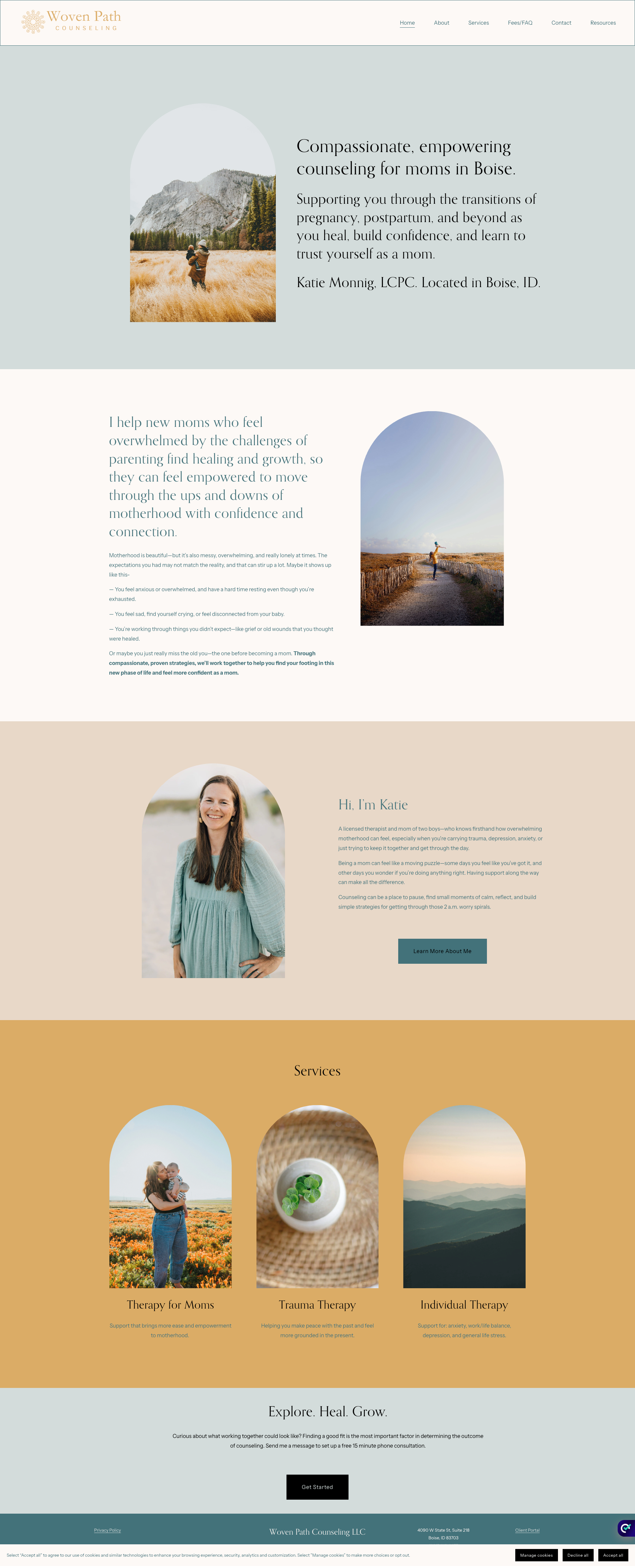 Screenshot of Woven Path Counseling website homepage with images of nature, a smiling woman, and service icons for therapy, trauma, and individual therapy.