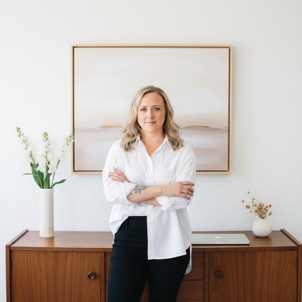 Emily Whitish, LMHC and Squarespace designer standing with arms crossed in front of a wooden sideboard with a laptop on it, in a minimalist room with a large framed abstract painting and vases with flowers.