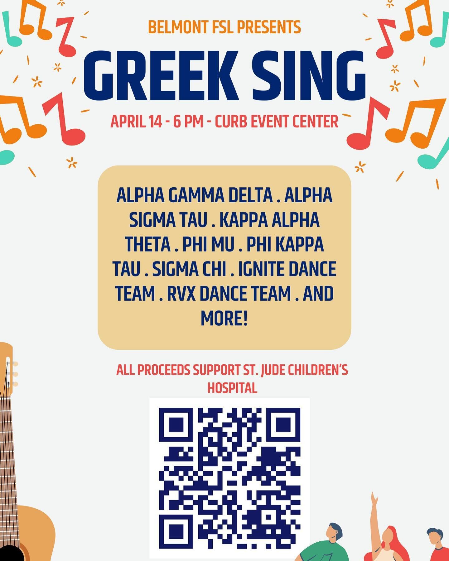 Join us on April 14th as the FSL community competes in Panhellenic&rsquo;s annual Greek Sing!! 

Link in bio to buy tickets and donate to St. Jude Children&rsquo;s Research Hospital!