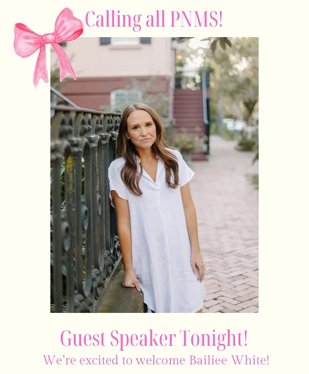 alerting all PNMs! TONIGHT at 7PM we have a special guest speaker bailie white to talk allllll things recruitment experience at the JAAC conference room on the 4th floor!