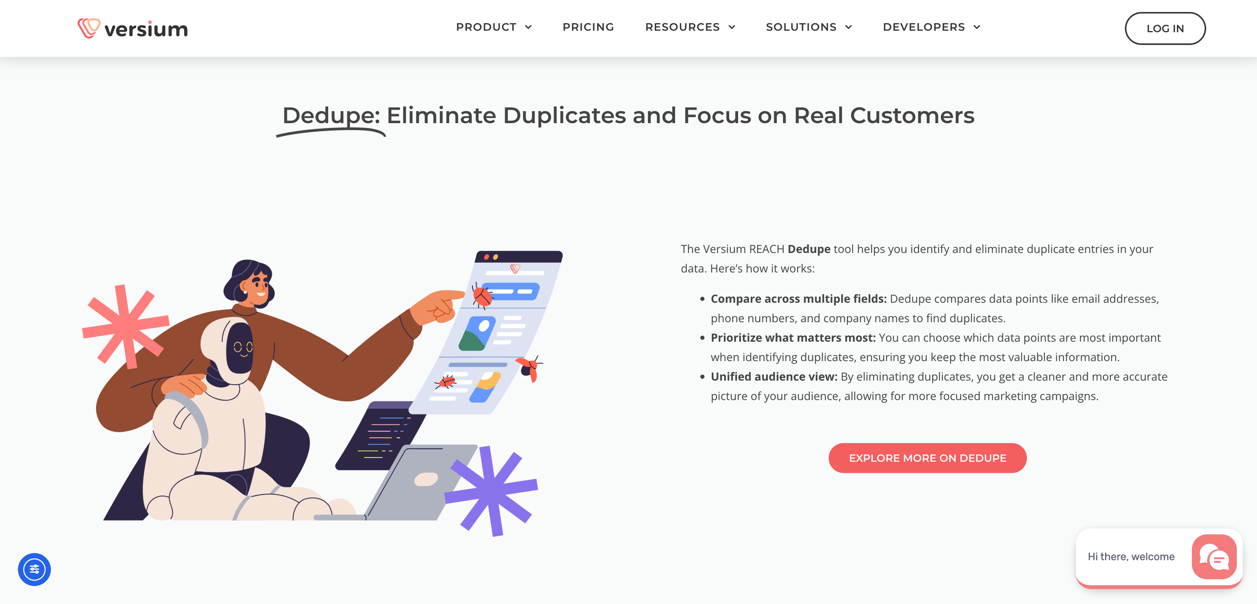 Created the content and layout for Versium’s Data Prep page. Simplified a complex data workflow (diagnose, cleanse, configure) into clear, actionable steps—balancing clarity for technical users with conversion-focused messaging for business teams.