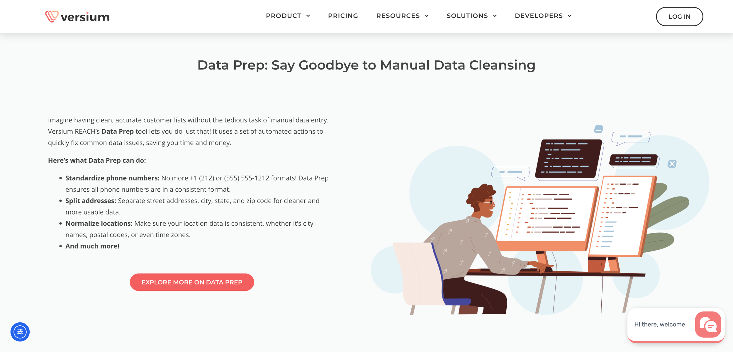 Created the content and layout for Versium’s Data Prep page. Simplified a complex data workflow (diagnose, cleanse, configure) into clear, actionable steps—balancing clarity for technical users with conversion-focused messaging for business teams.