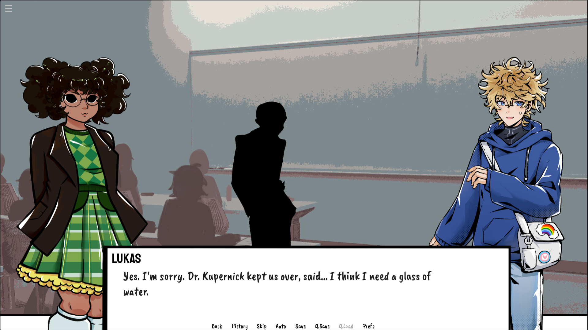 A screenshot of Sofia (a Latina girl with her hair in pigtails wearing a plaid skirt) and Lukas (a young man in an oversized hoodie.) They are standing in a classroom.