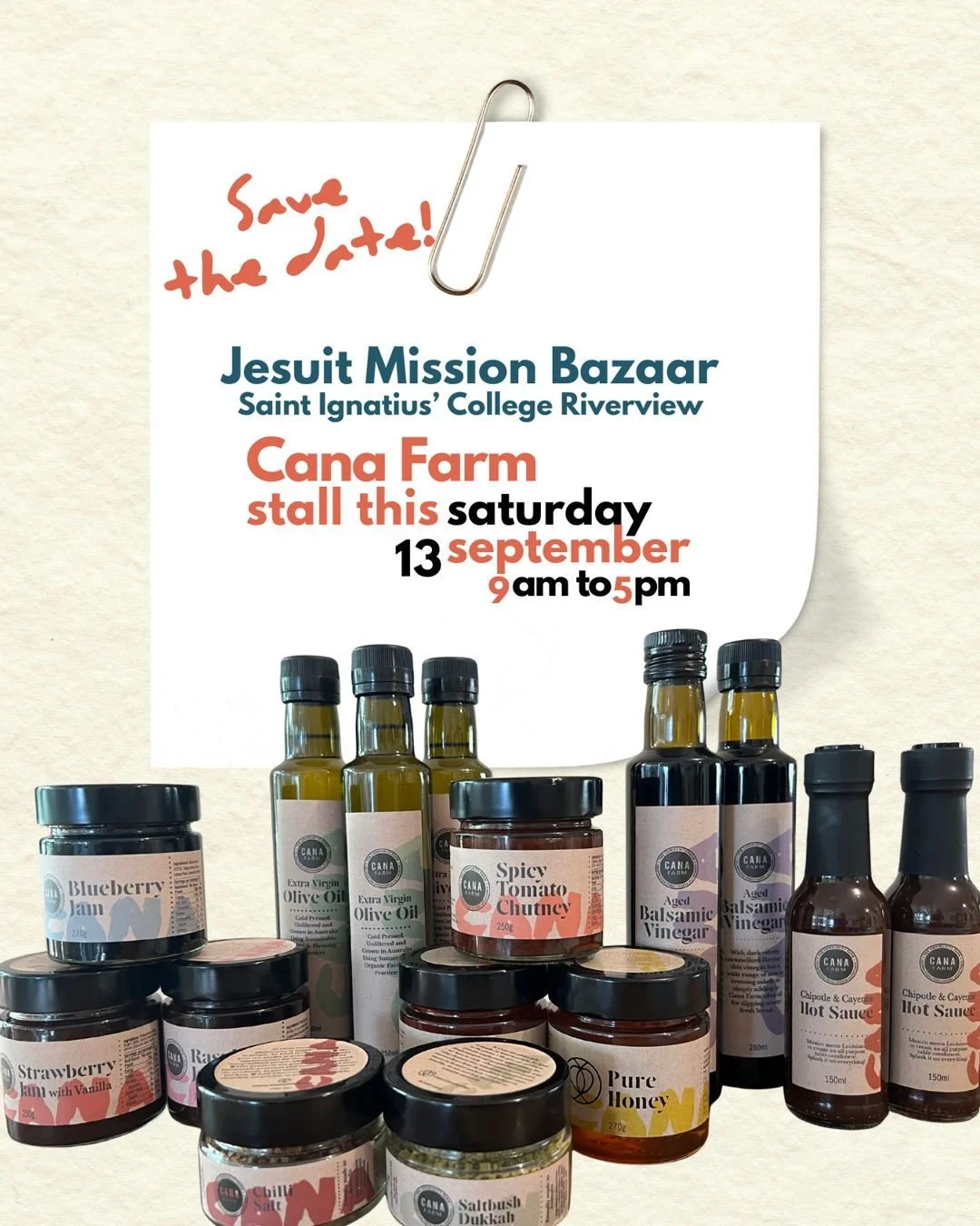 🚜 Cana Farm is off to the Jesuit Mission Bazaar! 🎉

Find our social enterprise stall this Saturday at Saint Ignatius' College Riverview &mdash; we&rsquo;ll be in the Cloisters &amp; Dalton Quad from 9am with our handmade jams, chutneys, and pantry 