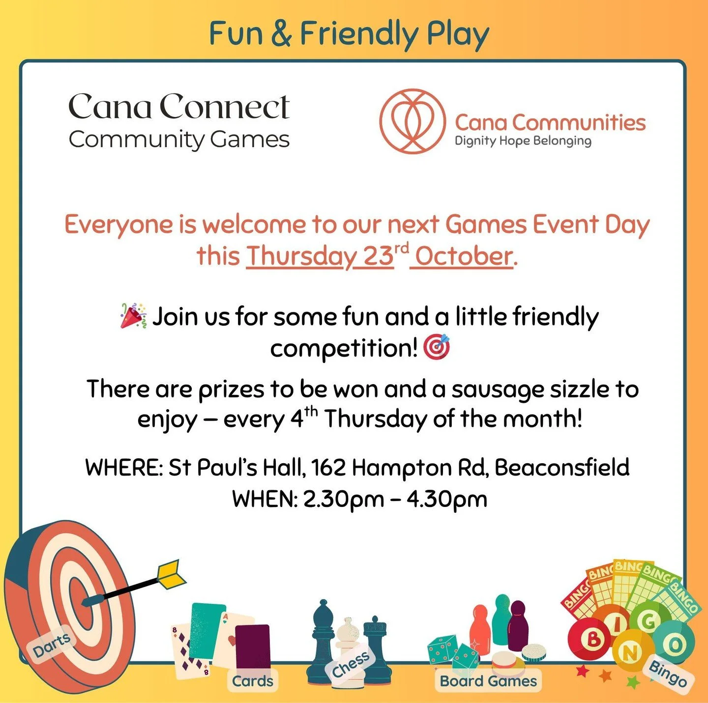 🎯 Community games 🎯
Join us for an afternoon of fun, laughter, and a little friendly competition! Enjoy a dart competition, community games, and a sausage sizzle! 🌭🏆
📍 Where: St Paul’s Hall, 162 Hampton Rd, Beaconsfield
📅 When: Thursday