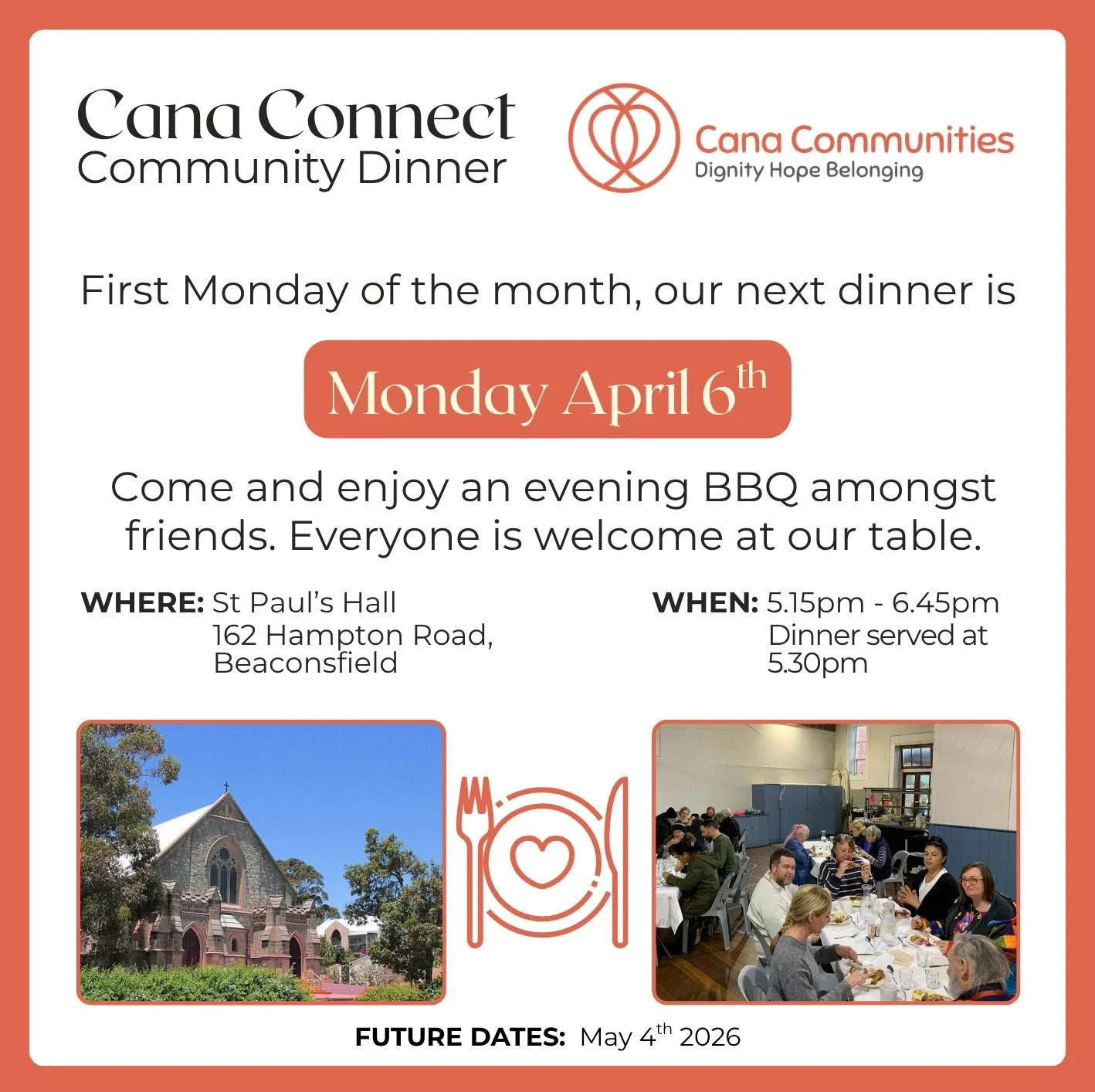🤝 Connection and community &mdash; everyone is welcome at our table. 🍽️

Join us for our Community Connect Dinner / BBQ &mdash; there&rsquo;s always a seat, a smile, and a new conversation waiting, whether it&rsquo;s your first time or you&rsquo;ve