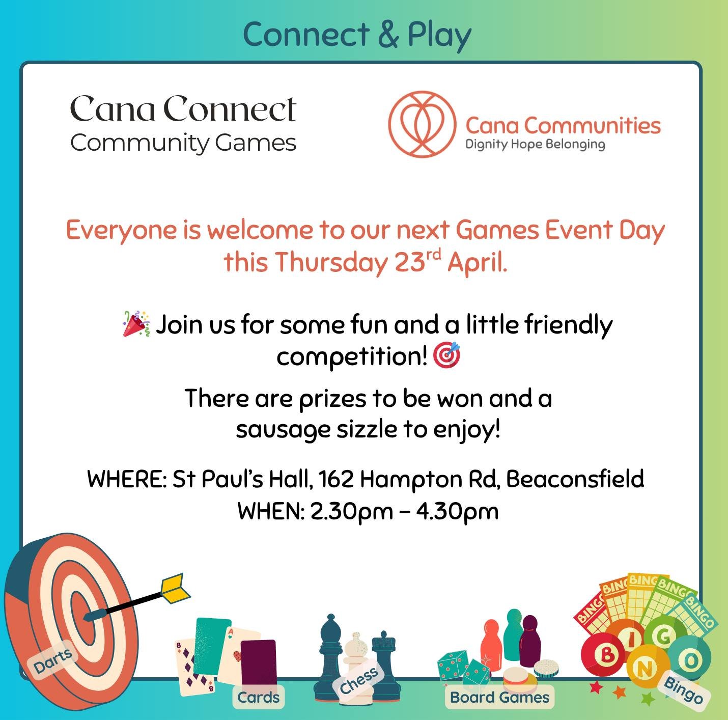 🎯 Community games 🎯

Join us for an afternoon of fun, laughter, and a little friendly competition! Enjoy community games, prizes and a sausage sizzle! 🌭🏆

📍 Where: St Paul&rsquo;s Hall, 162 Hampton Rd, Beaconsfield
📅 When: Thursday, April 23 | 