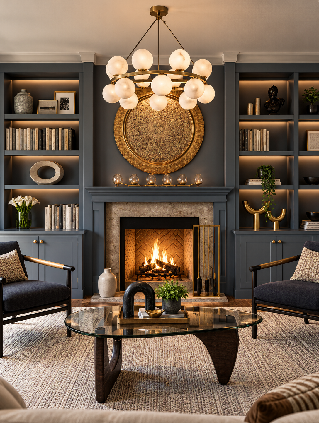 Living room with built-in gray bookshelves, a fireplace, two black armchairs with striped cushions, a round black coffee table, decorative vases, gold accents, and a chandelier, with a white rug on a wood floor.