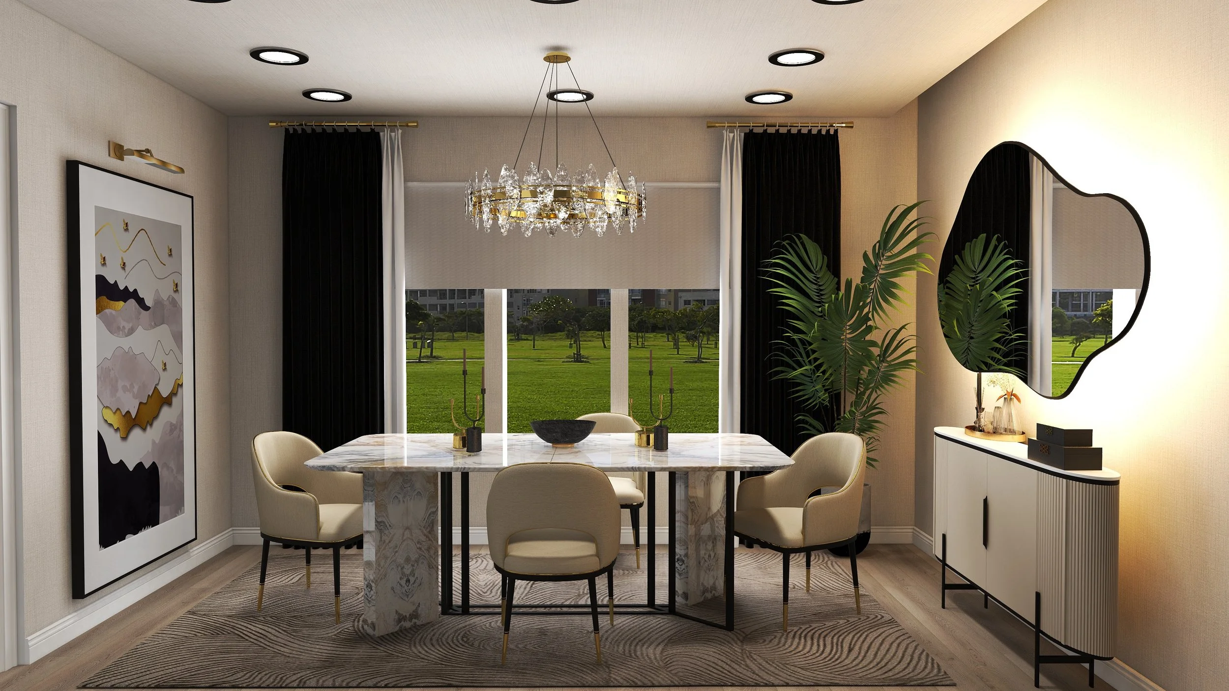 Interior of a dining room with a marble table, six beige chairs, black and white curtains, a large window showing a green outdoor area, a crystal chandelier, a large abstract painting on the wall, and a sideboard with decorative items and a mirror.