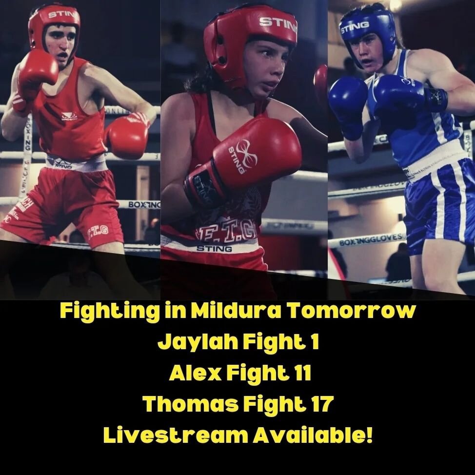 Wishing Alex, Jaylah and Thomas all the best for their fights in Mildura tomorrow night 👊

Jaylah Fight 1
Alex Fight 11
Thomas Fight 17

Fights start at 6pm, livestream available at the link below 

https://www.boxingsa.org.au/payperview/