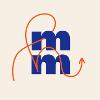 Stylized logo featuring a large navy blue letter 'm' with orange arrow and curved line elements
