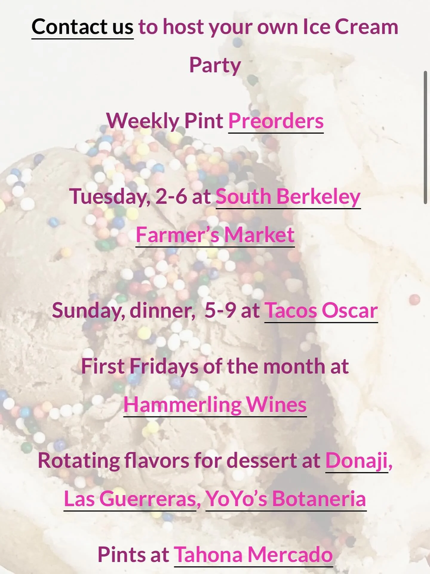 An update on where you can get DLC 🍦🩷
We are a POPUP! We are the only (?)
Ice cream pop up in the bay! 
Come thru and support us as we grow! 

Thank you to everyone who has hired us for your ice cream parties! Weddings, bdays, office, any type of c