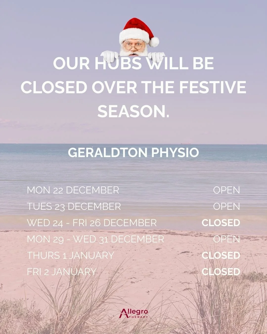 We&rsquo;re pressing pause for some Christmas cheer 🎄

All Allegro Hubs will be reopening on Monday 5 January. See you in the new year, refreshed and ready for 2026! ✨