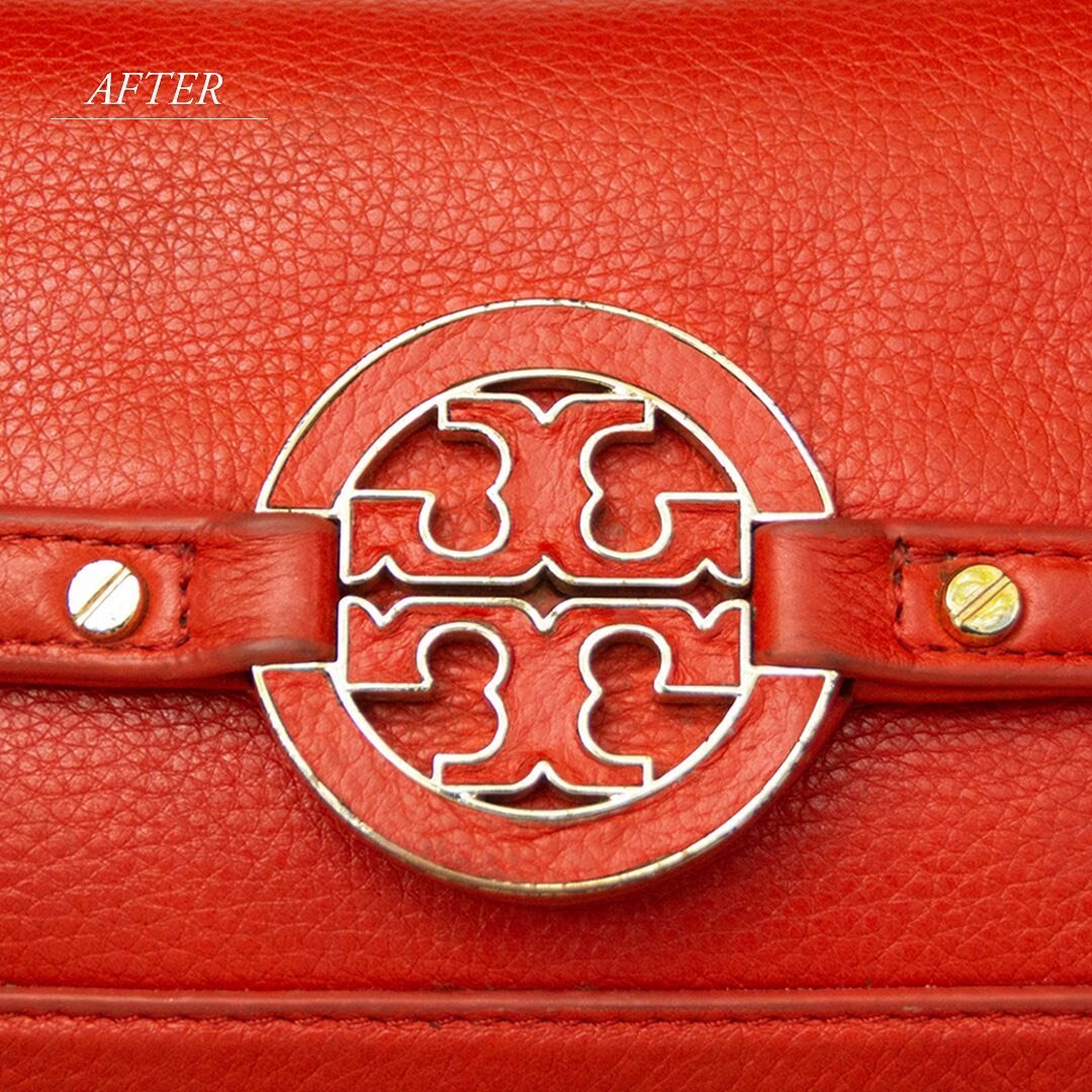 It&rsquo;s all in the details. A look at a @toryburch handbag buckle that needed some TLC. As you&rsquo;ll notice the leather had come off, our artisans worked on restoring this by carefully matching the color, texture and shape for it to look seamle