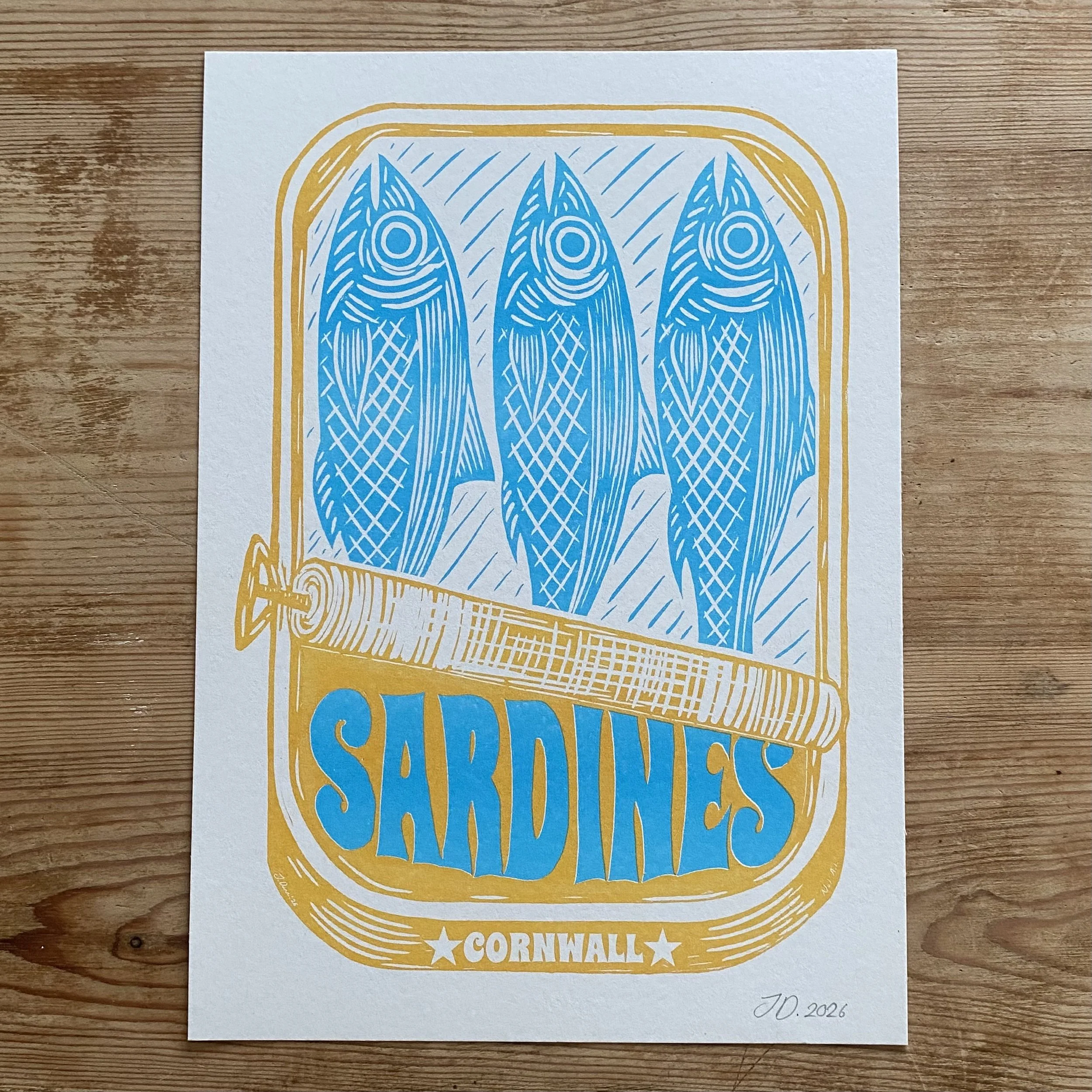 Sardines (Cornwall) A4 Risograph print (of linocut original)