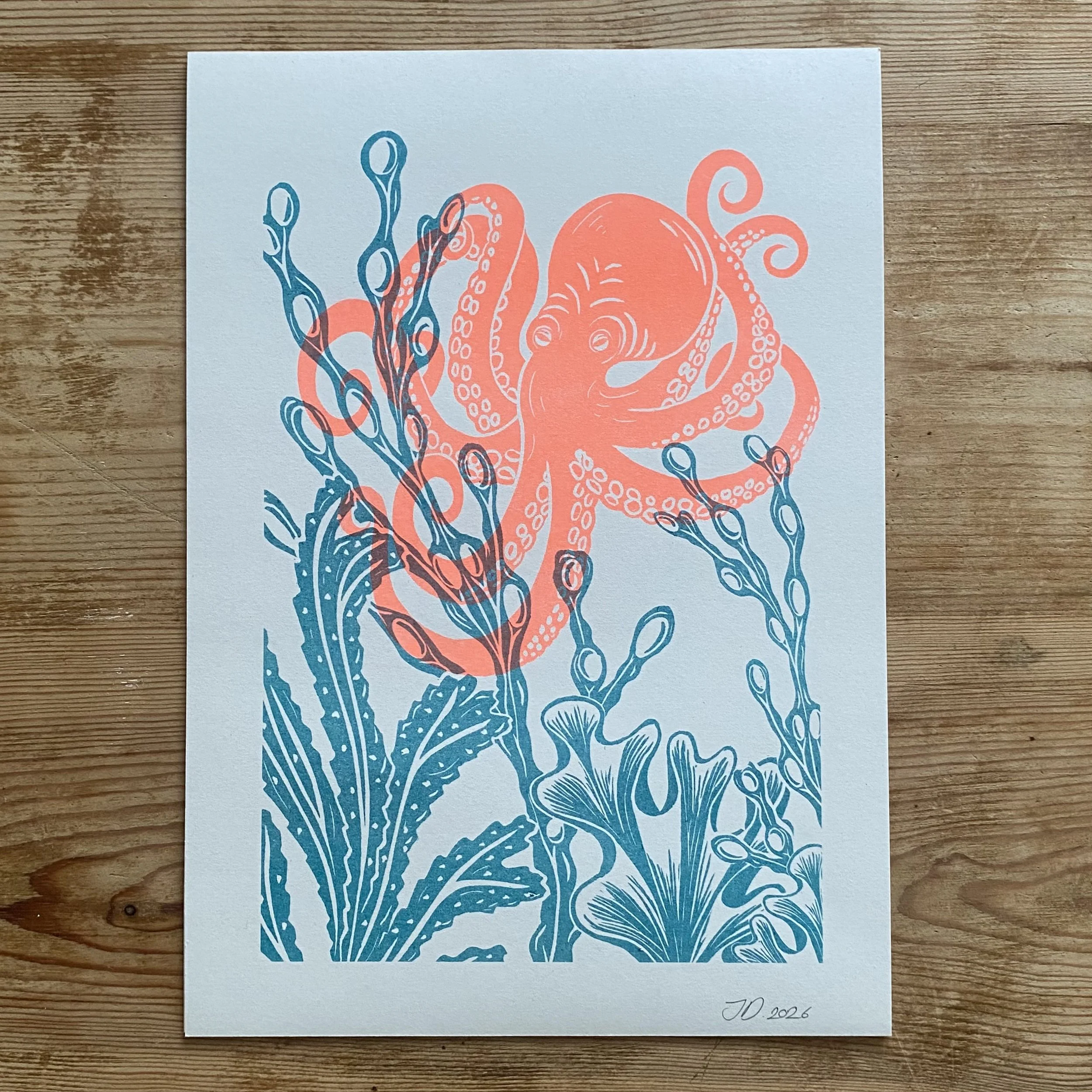 OCTOPUS Risograph Linoprint A4 in Neon orange and teal. (Unframed)