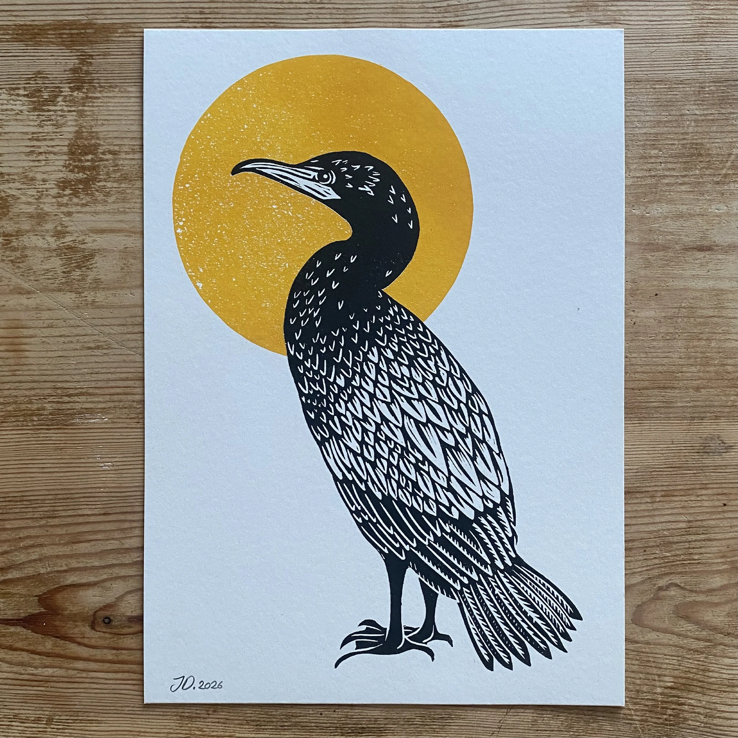 Cormorant. A4 Risograph Linocut Print.