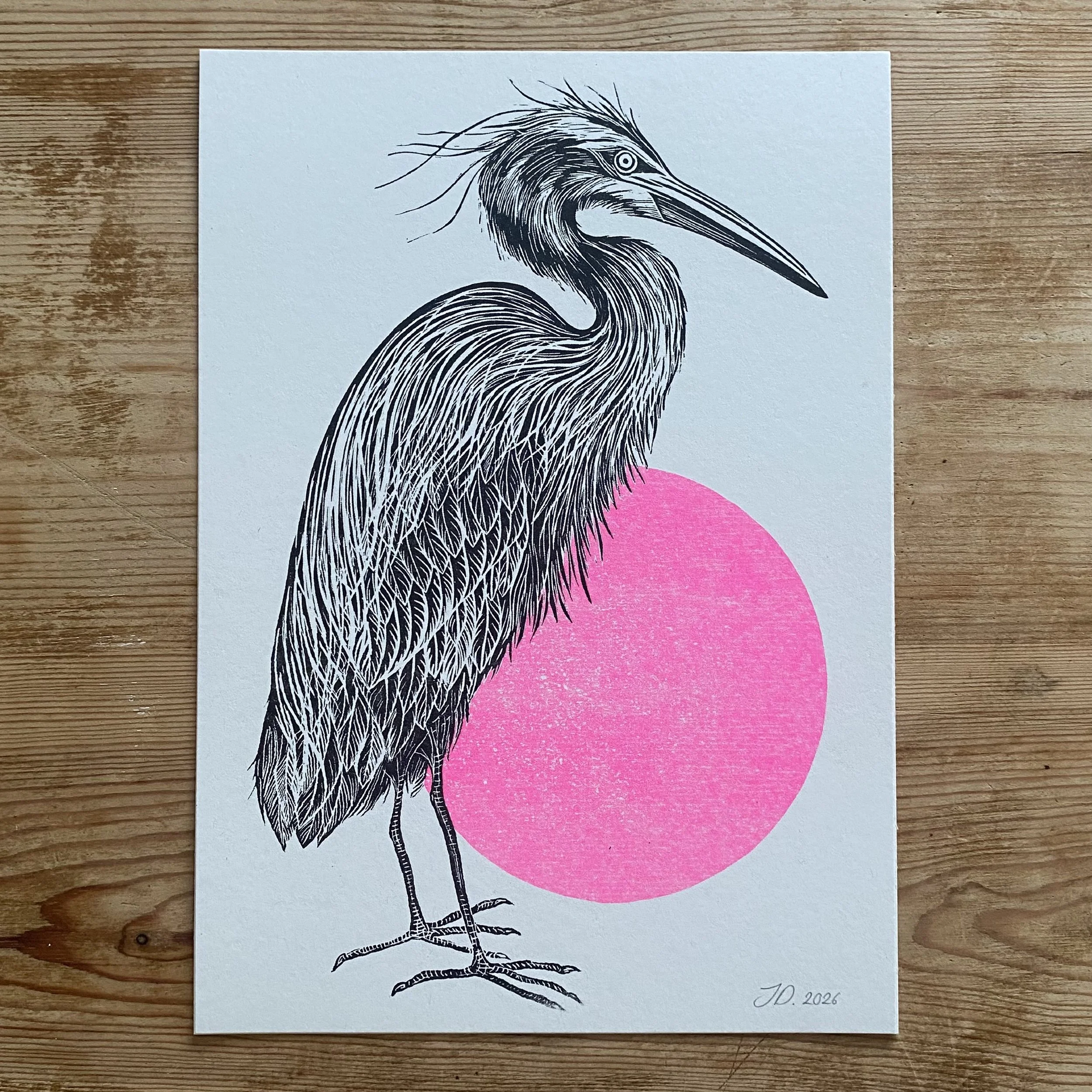 Heron. Risograph/Linocut A4 Print.