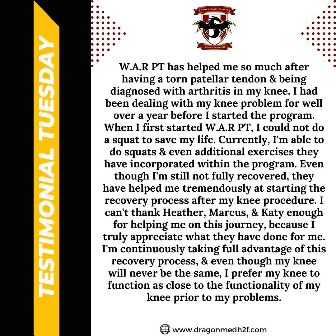 An awesome testimonial shared from a soldier participating in Warrior Athlete Reconditioning PT, led by our counterparts at Ft. Campbell 🙌 #testimonialtuesday 
&bull;
&bull;
#dragonmedh2f #holistichealthandfitness #h2f #44thmedicalbrigade #fortcampb