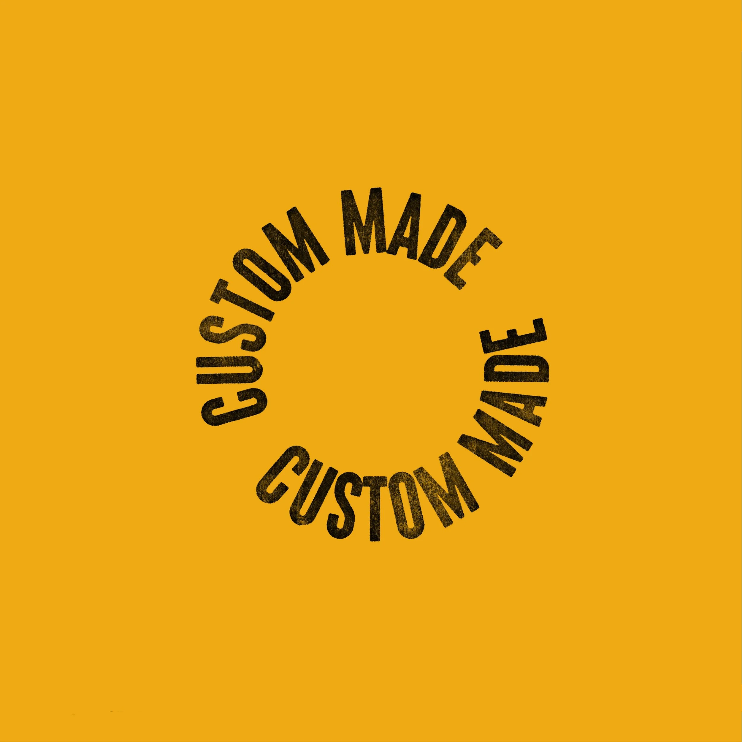 Circular text "Custom Made" on yellow background