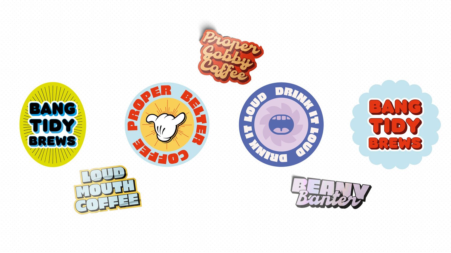 Loud Mouth was a project that never got finished – but the concept was too fun not to share. A bold, flexible logo that works as simple type or with illustrated elements layered in, even topped off with branded stickers. Funky, loud and full of perso