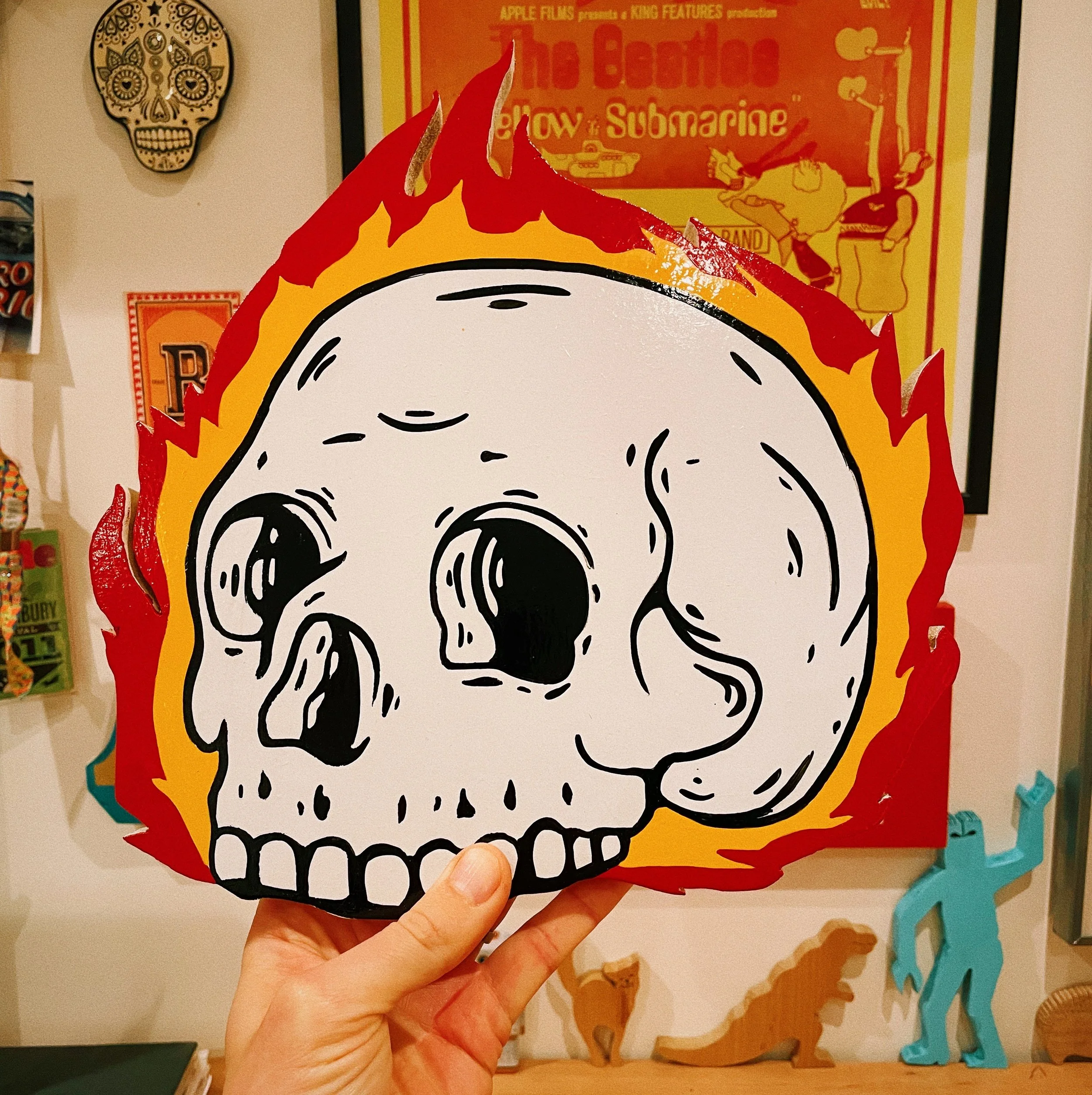 A handcrafted woodcut sign featuring bold, vibrant hand-painted colours, making the design pop, showcasing the precision and artistry that goes into each piece. Perfect for adding a unique, personal touch to any business or home.