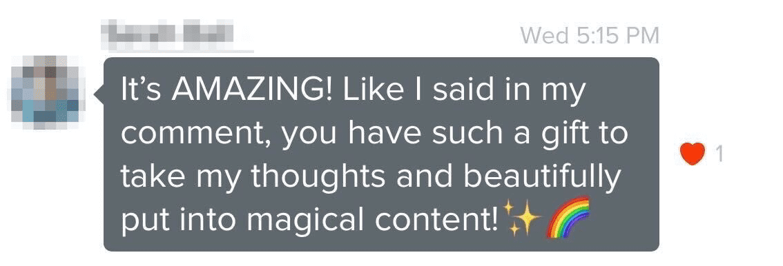 Screenshot of a message praising Sage's work, stating it's amazing, and mentioning a gift for expressing thoughts beautifully.