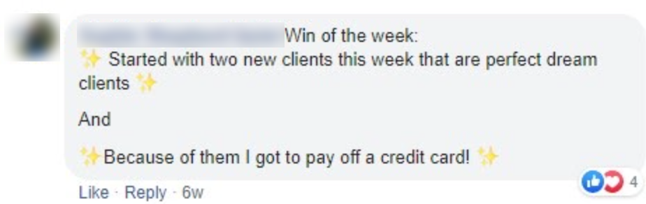 Social media post celebrating new clients and paying off debt