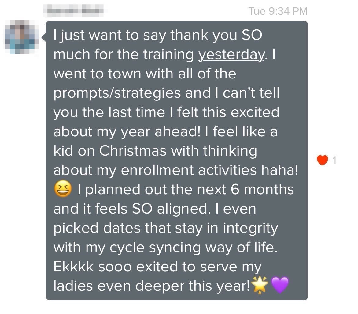 Text message expressing gratitude for training, excitement for plans using learned strategies, and alignment with personal goals.